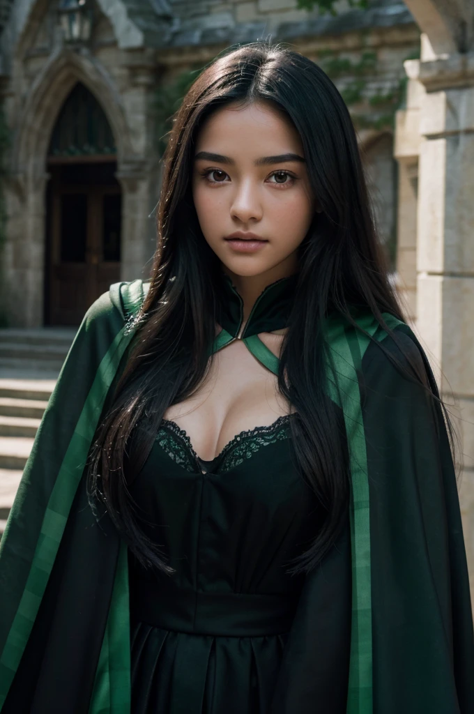 mejor calidad, 8K, muy delicado y hermoso, Textura de cara y piel muy detallada., piel brillante, Alta resolución, Una adolescente sexy de pelo largo y negro con capa negra y rayas verdes está parada frente a un castillo, slytherin, enfoque nítido