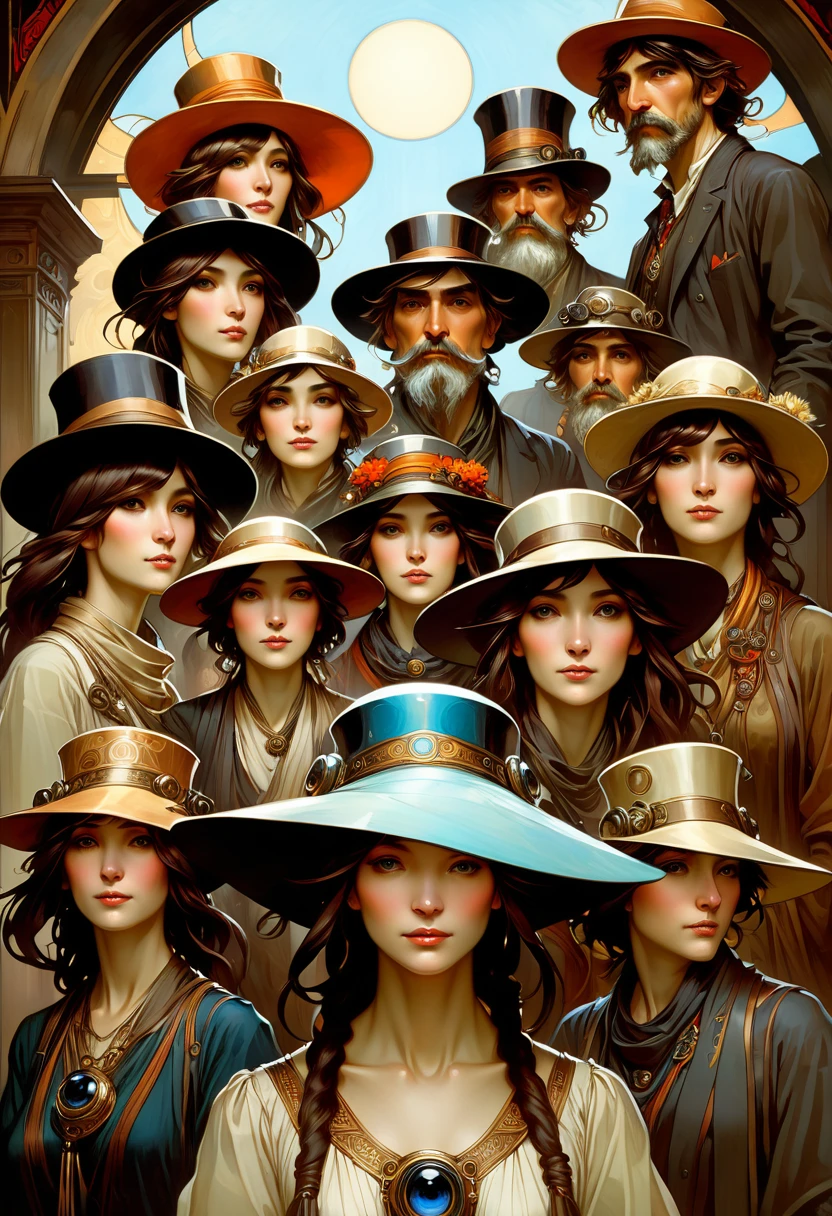 The Hats Have Eyes, different immersive, Unambiguously Biological, Nekro Borja,  Tarmo Juhola, Craig Mullins, Alphonse Mucha, Hiroshi Yoshida, Peter Mohrbacher James jean, Mucha, Klimt --w 4000 --h 6000