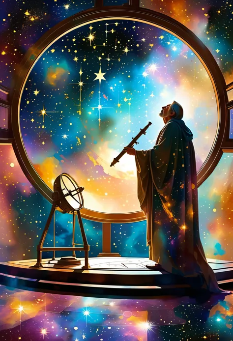 At the center of a celestial observatory, an astrologer clad in robes adorned with stars and galaxies gazes into an aetheric tel...