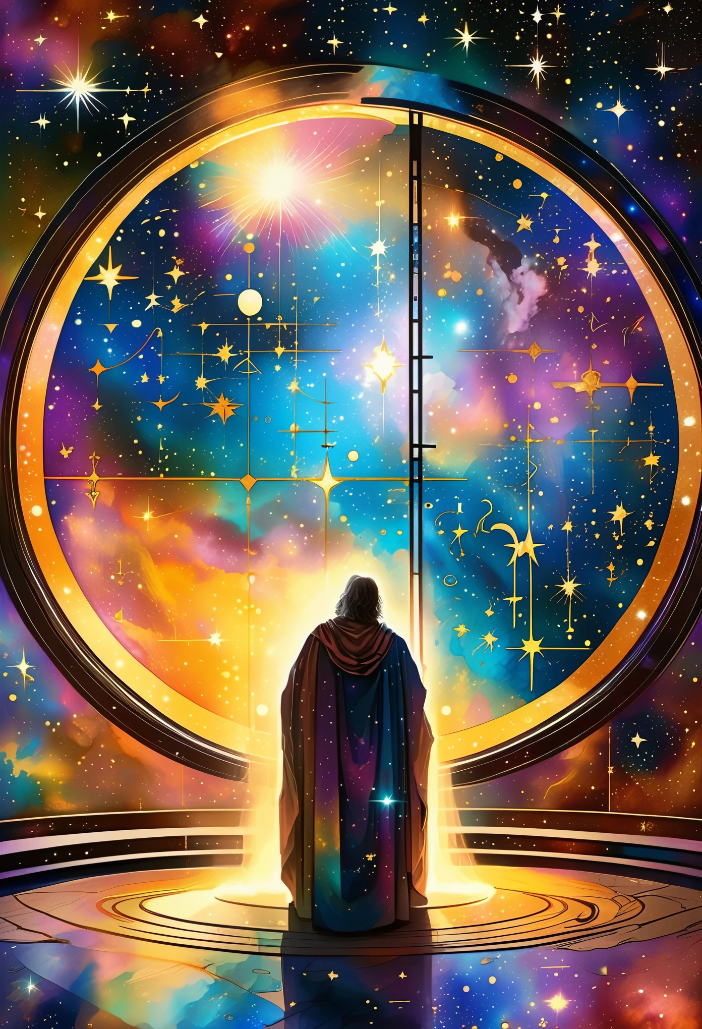 At the center of a celestial observatory, an astrologer clad in robes adorned with stars and galaxies gazes into an aetheric telescope. The observatory is suspended in space, with planets and constellations visible through its transparent walls. As the astrologer maps the heavens, streams of aetheric energy flow from the stars, connecting with the runes and symbols inscribed on the floor. The scene embodies the infinite wisdom of the cosmos. , the scene is captured in dimly lit dark fantasy but vibrant colors, with bold ink lines defining form against the watercolor wash of the aged paper