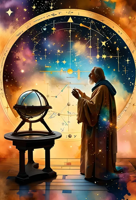 At the center of a celestial observatory, an astrologer clad in robes adorned with stars and galaxies gazes into an aetheric tel...