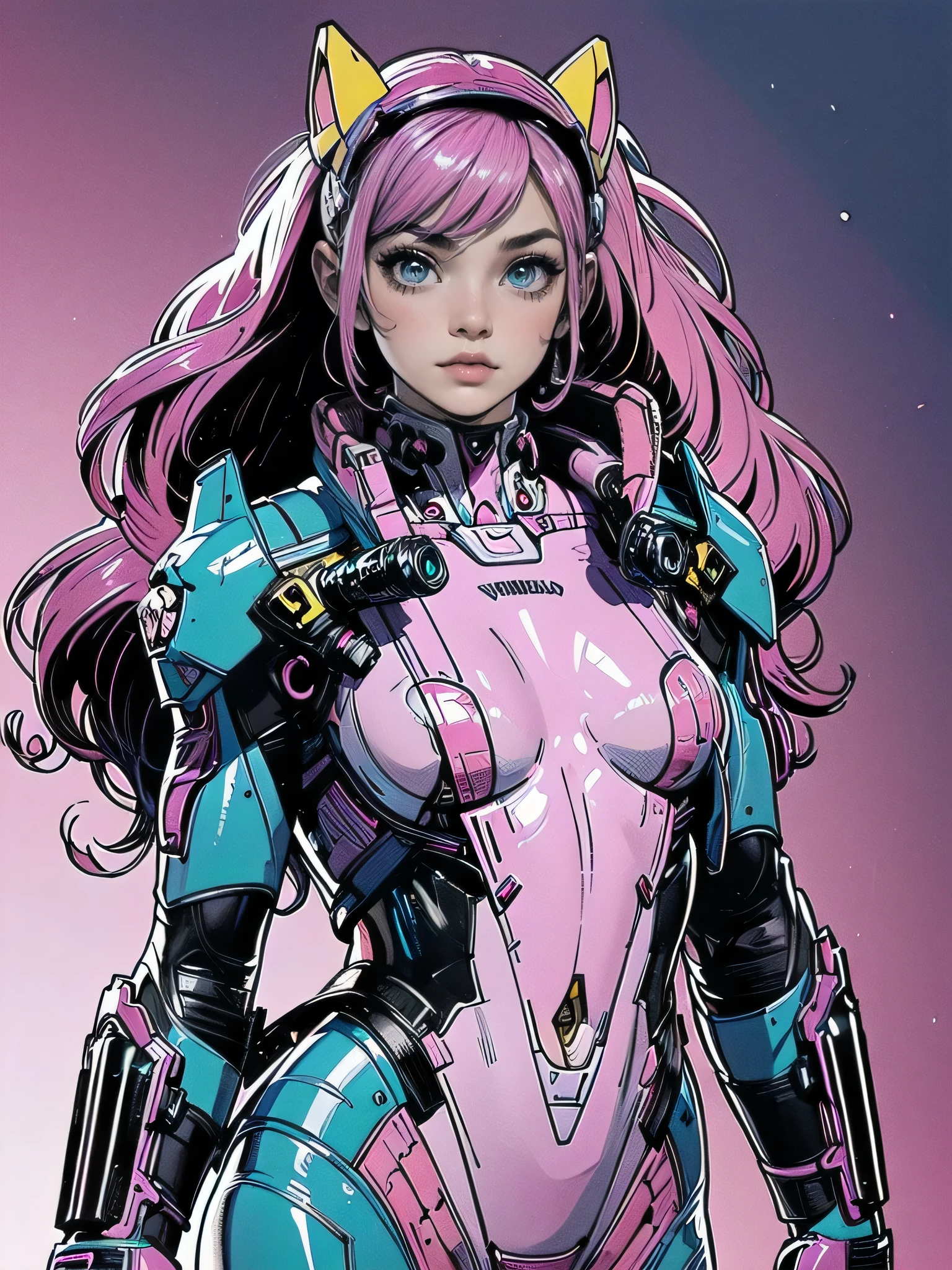 complete body shot,retro futuristic flat background,masterpiece, best quality, 1girl, solo, retro futuristic cyborgwoman, seamlessly blending mechanics and elegance. fit, small breasts, blueish skin, with magenta hair, fashion modeling pose, form fitting pastel yellow and pink with black colorblocking gundam suit-like-armor,kitty_ear headpiece, happy, wild pink punky hair, humanoid face with bigger eyes and some cyberparts holding a retro futuristoc space-gun, flat graphic futuristic background, intense colors, Anime, Cartoon, Comic Book, Concept Art