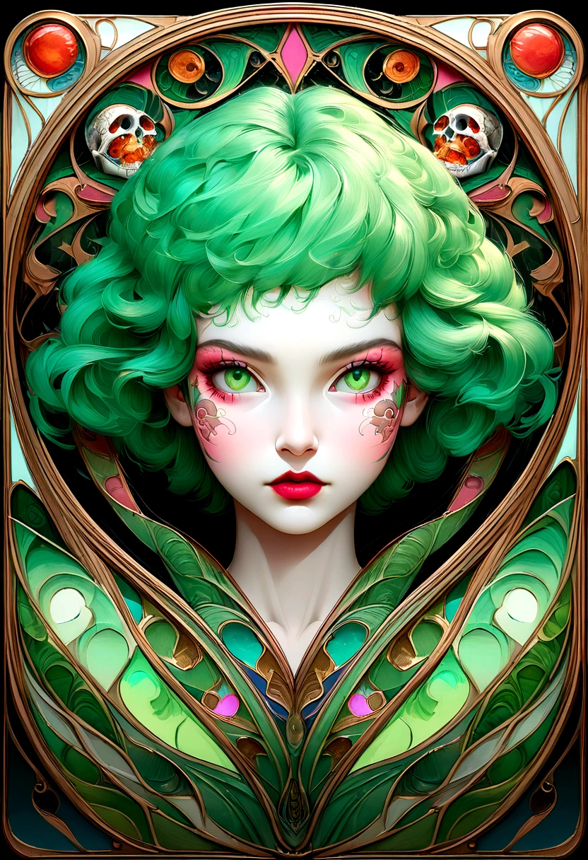 A cyberpunk image of Tinkerbell in sugar skull makeup in Art Nouveau style. voronoi pattern, intricately detailed, intricately textured, hyperrealism, in the style of hyper - realistic portraits, anime - inspired characters, light emerald and red, david, detailed character illustrations, david normal, light and dark contrast