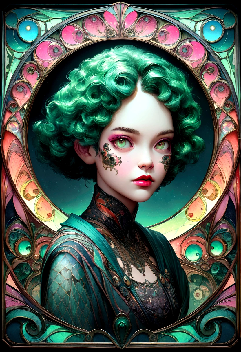 A cyberpunk image of Tinkerbell in sugar skull makeup in Art Nouveau style. voronoi pattern, intricately detailed, intricately textured, hyperrealism, in the style of hyper - realistic portraits, anime - inspired characters, light emerald and red, david, detailed character illustrations, david normal, light and dark contrast