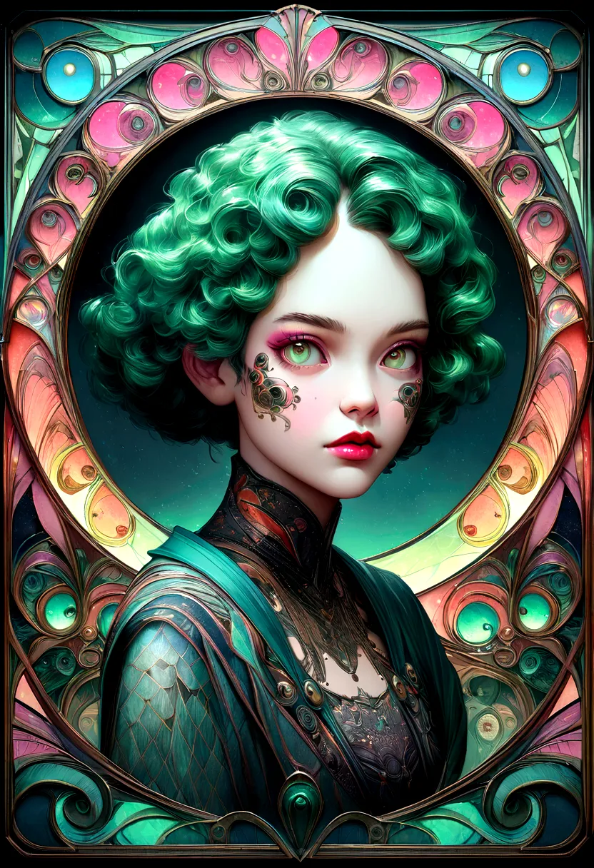 A cyberpunk image of Tinkerbell in sugar skull makeup in Art Nouveau style. voronoi pattern, intricately detailed, intricately t...