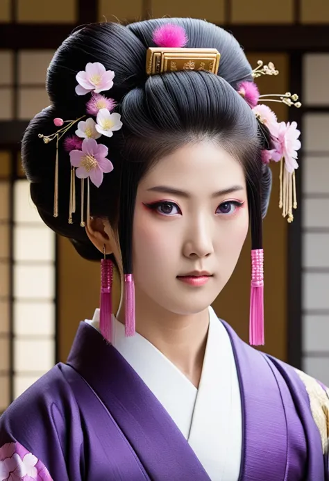 hair: 長い黒hair
目: there are six eyes on the face、purple eyes face: dignified appearance and clothing: traditional japanese clothi...