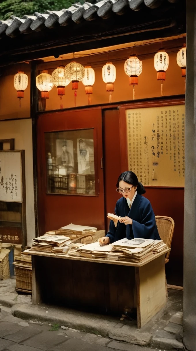 masterpiece,best quality,Aesthetic,Editorial Photography,Urban street photography,For the audience,The female shop owner is in the lower middle of the photo,She was pale，wearing glasses，Sitting at a desk working,Girl repairing things,Thousands of items hang on the wall behind her,The style of Junji Ito and Takato Yamamoto,cool theme,Film Grain,Depth of Field,Wild grass,