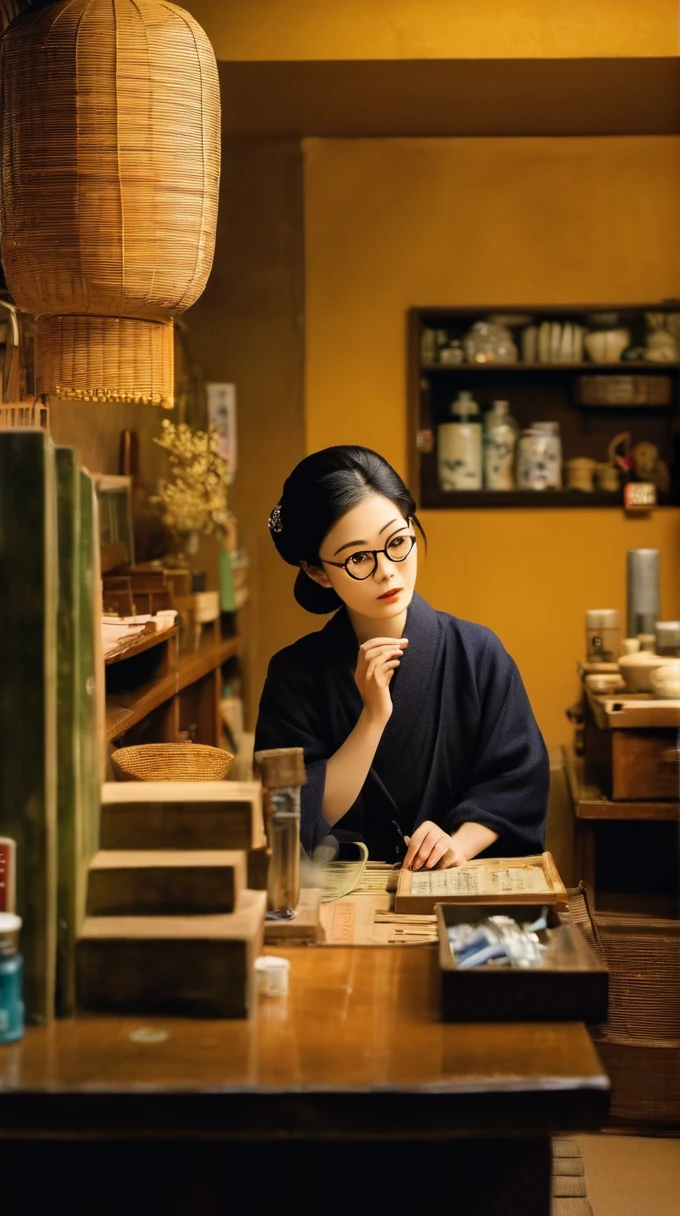 masterpiece,best quality,Aesthetic,Editorial Photography,Urban street photography,For the audience,The female shop owner is in the lower middle of the photo,She was pale，wearing glasses，Sitting at a desk working,Girl repairing things,Thousands of items hang on the wall behind her,The style of Junji Ito and Takato Yamamoto,cool theme,Film Grain,Depth of Field,Wild grass,