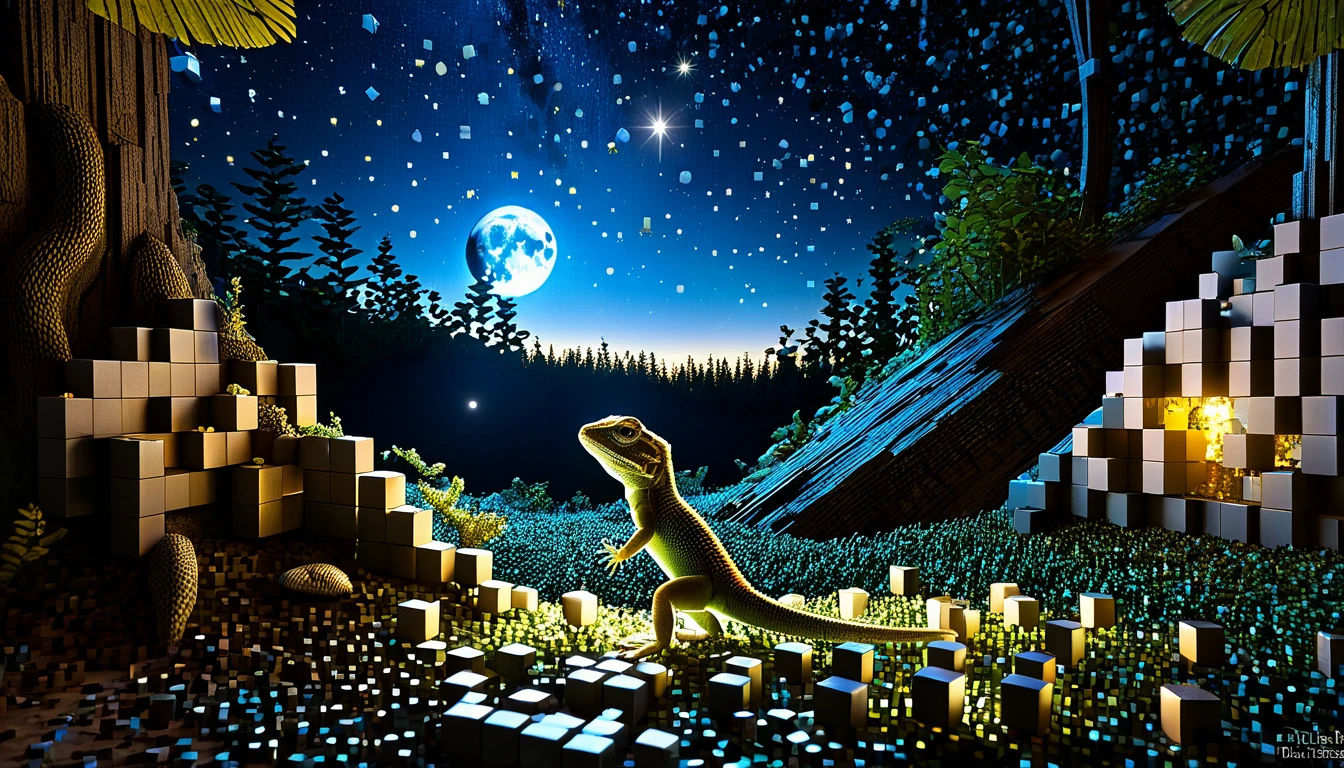 An enchanted forest in a deep, secret location littered with RAL-3D cubes, Amazing light from the moon,A little baby lizard is looking at the stars