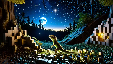 An enchanted forest in a deep, secret location littered with RAL-3D cubes, Amazing light from the moon,A little baby lizard is l...