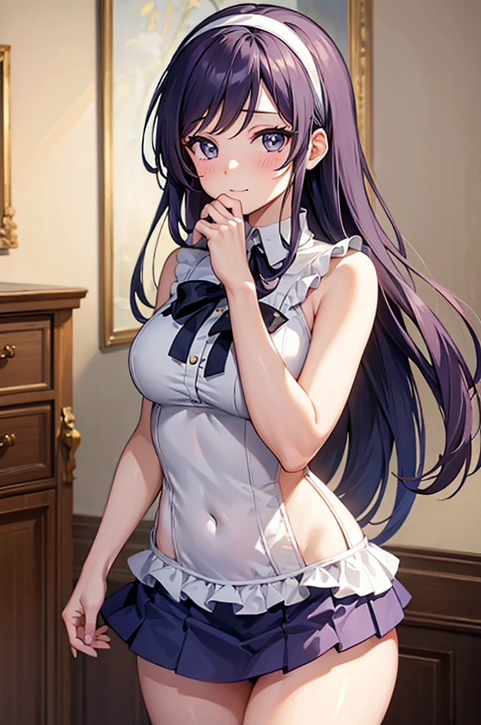 Highly detailed, high quality, masterpiece, beautiful, (all photographic shot), girl student girl, nozomi tojo character from love live, perfect eyes, pretty eyes, clear eyes, blushing face, happy face, big thighs, with headband, medium chest, long hair, sexy, short skirt, shows full panties, background image in a modern living room, semi-nude