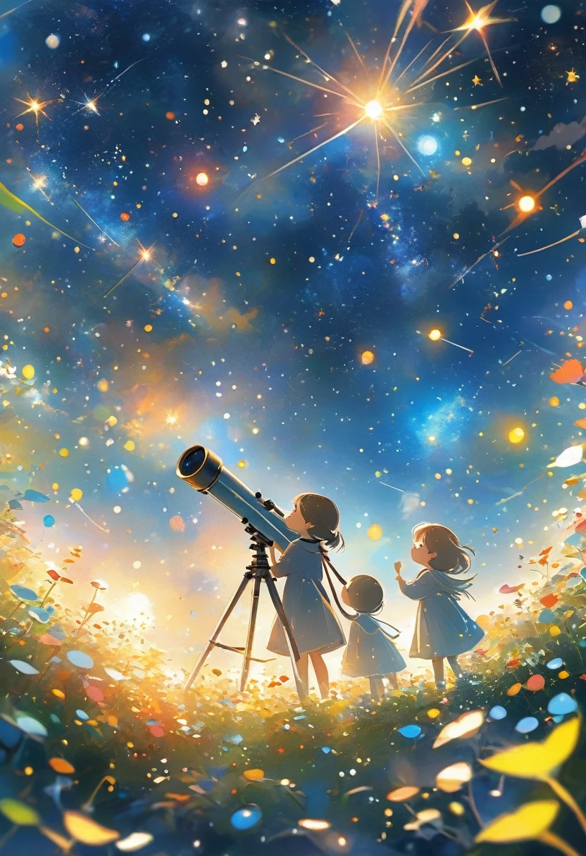 Children looking at the starry sky through a telescope（（（masterpiece）））， （（best quality））