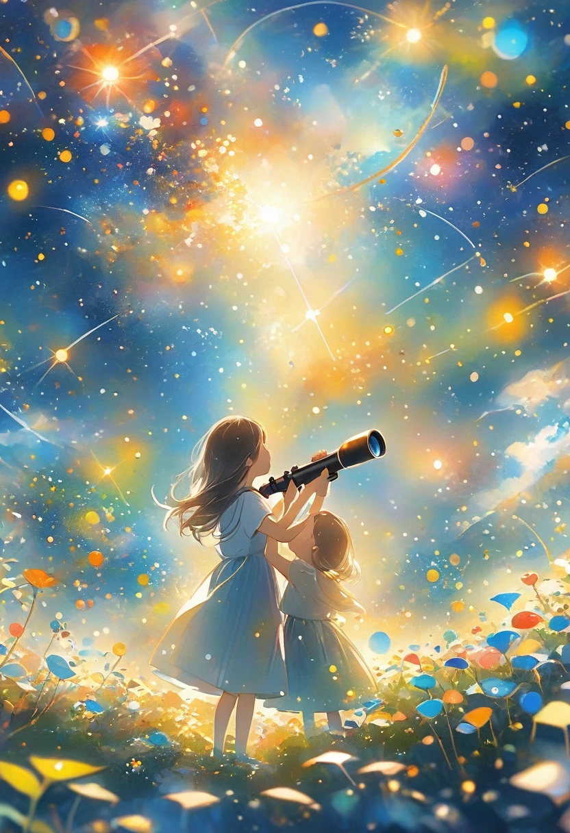 Children looking at the starry sky through a telescope（（（masterpiece）））， （（best quality））