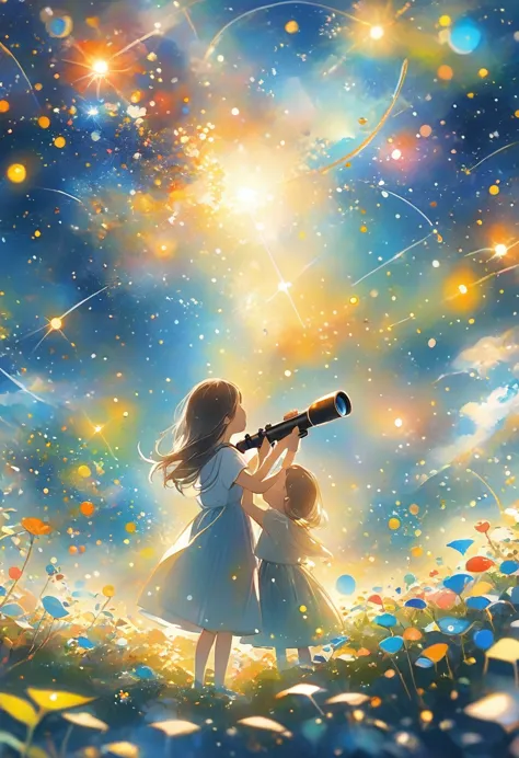 Children looking at the starry sky through a telescope（（（masterpiece）））， （（best quality））
