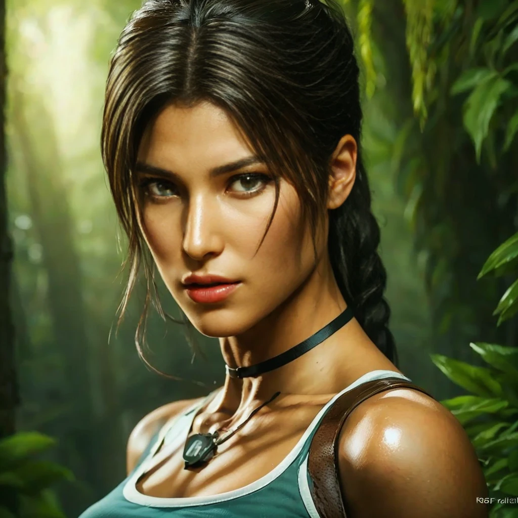 Lara Croft, eyes browns, (best qualityer, ultra detali), (realisitic:1.37), beautiful and detailed face, ultra-realisitic texture, 精致的面容, Delicate body, red lipgloss stick, shiny colors. High definition, 8K