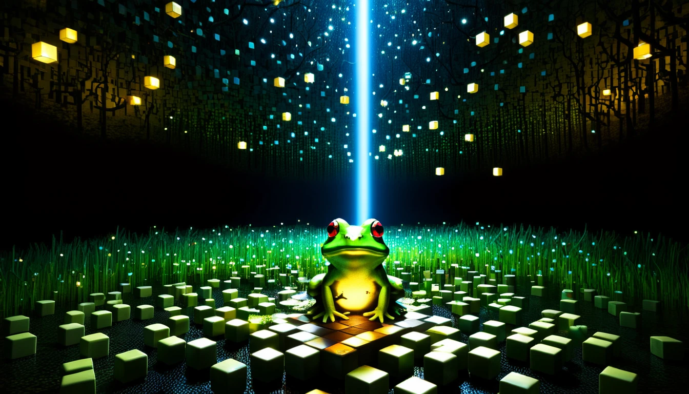 An enchanted forest in a deep, secret location littered with RAL-3D cubes, A wonderful light shines into the darkness,A little baby frog is looking at the stars