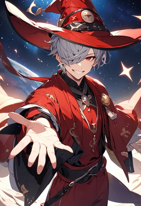 One boy、Grey Hair、Hairstyle、short、Red eyes、Slanted Eyes、whole body、Are standing、black and red outfit、astrologer、Raise your right...
