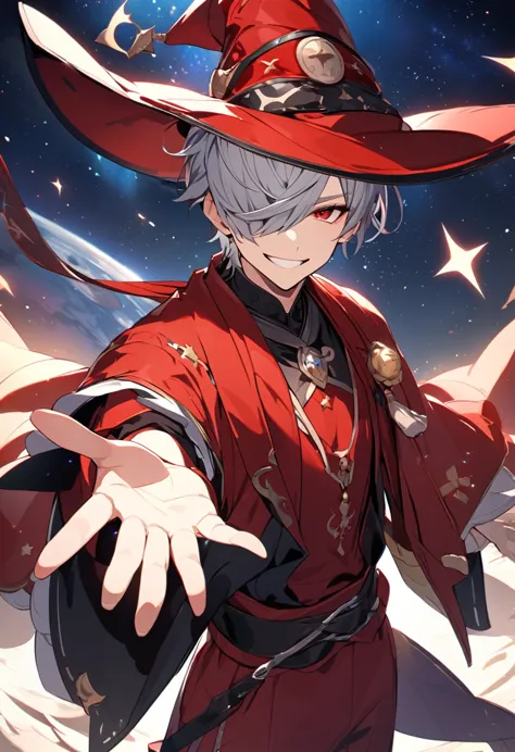 one boy、grey hair、hairstyle、short、red eyes、slanted eyes、whole body、are standing、black and red outfit、astrologer、raise your right...