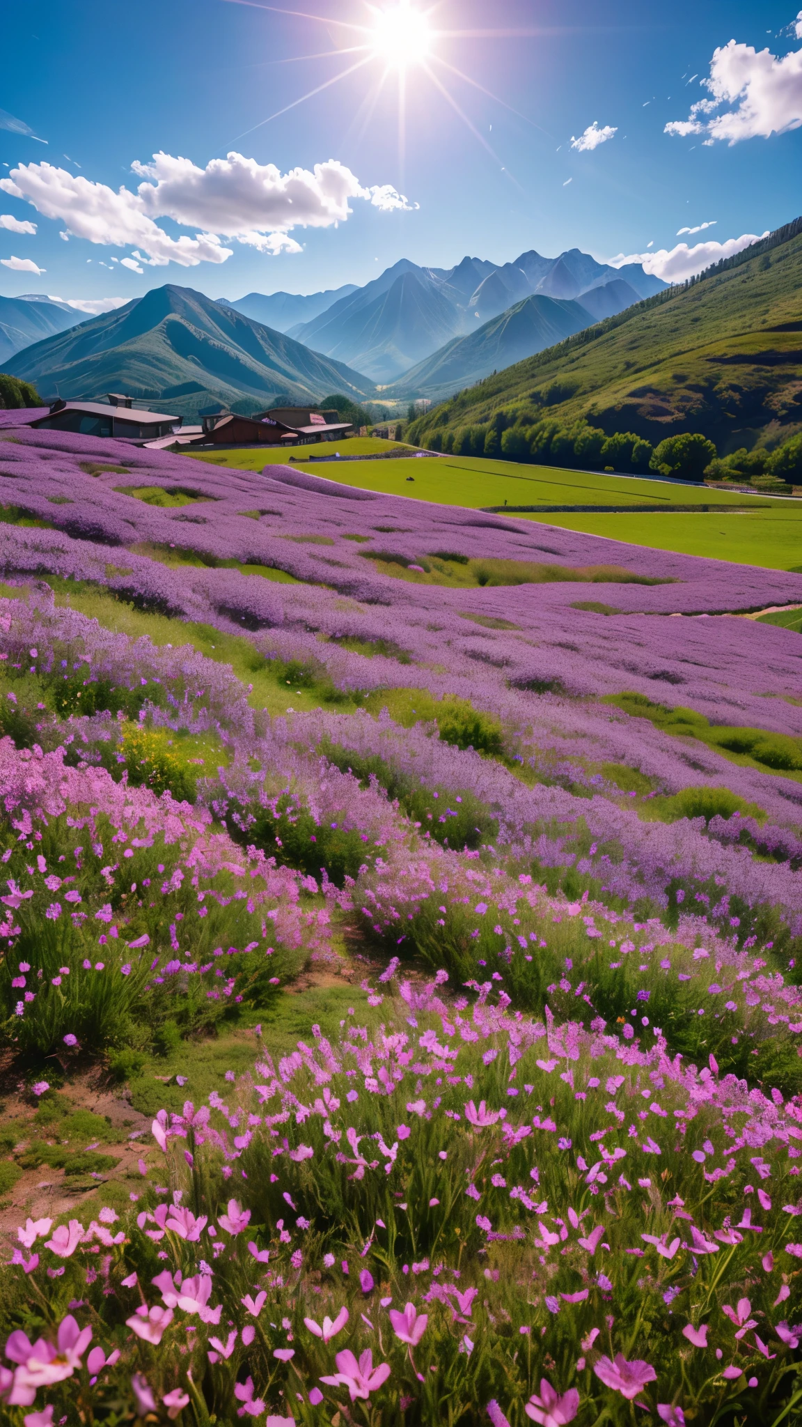 16K、High resolution、Top quality masterpiece、Mountains in the distance々Purple flowers in a field with a view, Pink flower field, Beautiful flower field, Fantastic flower field, The sun shines through the clouds、White sunshine