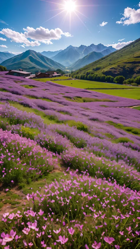 16K、High resolution、Top quality masterpiece、Mountains in the distance々Purple flowers in a field with a view, Pink flower field, ...