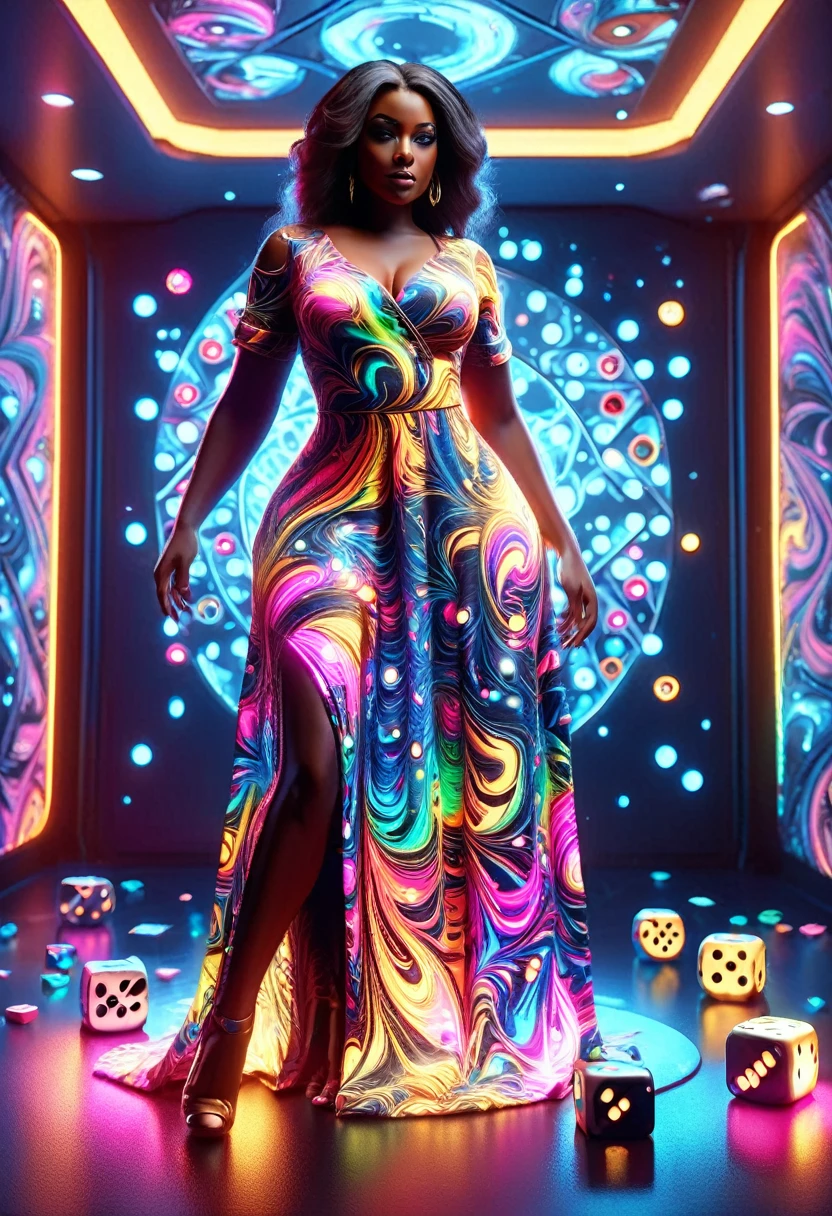 Full body shot of a curvy Black woman in a beautiful dress, standing model pose in a dice designed room, throwing dice at the viewer, with rolling dice designs on the walls, floor and ceilings, 32k ultra HD, unreal engine rendered, hyper-realistic image,