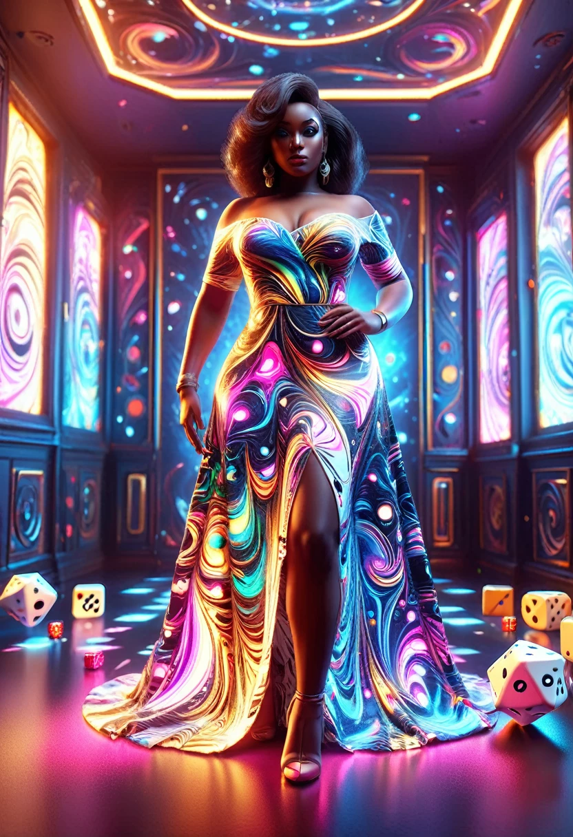 Full body shot of a curvy Black woman in a beautiful dress, standing model pose in a dice designed room, throwing dice at the viewer, with rolling dice designs on the walls, floor and ceilings, 32k ultra HD, unreal engine rendered, hyper-realistic image,