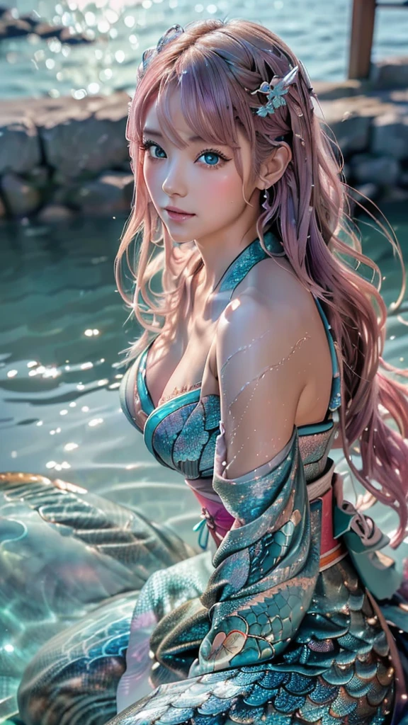 (super realistic photorealistic image:1.5), (cute and beautiful face, pink wavy hair, soft and light blue eyes that exude warmth and tenderness, tight body, covered with fish scales to emphasize her mermaid status, large and graceful fish tail in place of legs, which are also covered with scales and fused with cyberpunk electronics and tubes, elegantly dressed in a revealing kimono with traditional Japanese patterns:1.5) also covered with scales and fused with cyberpunk electronics and tubes, elegantly dressed in a revealing kimono with traditional Japanese patterns: 1.5), (she sits seductively on a rock by the sea: 1.5), and in the background, a distant neo Tokyo cityscape lit by neon lights, lighting, The colors and mood of the scene are powerful and cinematic, with the beautiful seaside scenery and the soft glow of the city lights creating a fantastic atmosphere, the design and details are ultra clear and detailed, emphasizing the mermaid-like appearance with prominent fish tail, shimmering skin scales and cyborg elements, the image is of the highest quality and ultra realistic Photographs of the highest quality