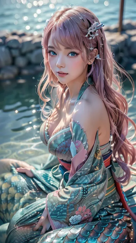 (super realistic photorealistic image:1.5), (cute and beautiful face, pink wavy hair, soft and light blue eyes that exude warmth...