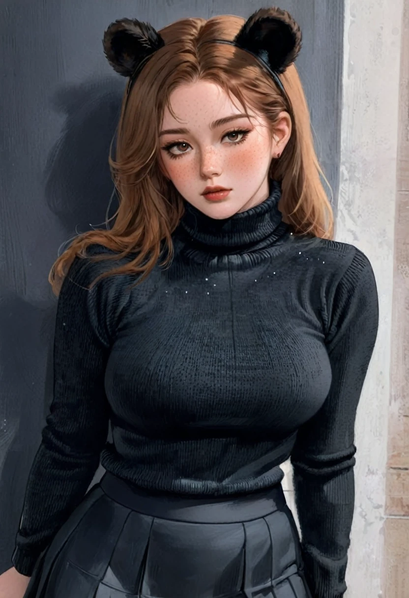 Brown long fluffy hair, fluffy hair, bear ears, bear, big breasts, attractive, turtleneck sweater, turtleneck, thicc body, thicc, freckles, freckles on face, neutral expression, smug eyes, bored eyes, skirt, black skirt
