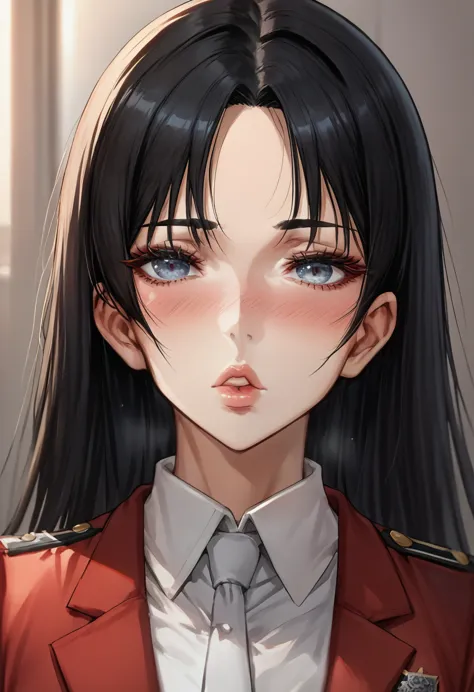 1girl, red blazer, black skirt, academic uniform, black hair, blush, frange émoussée, beautiful detailed eyes, beautiful detaile...