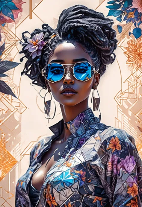 "full body, water colors, ink drawing, beautiful cyberpunk sudanese woman, wearing smart digital sunglasses,  floral background,...