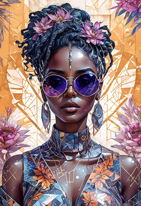 "full body, water colors, ink drawing, beautiful cyberpunk sudanese woman, wearing smart digital sunglasses,  floral background,...