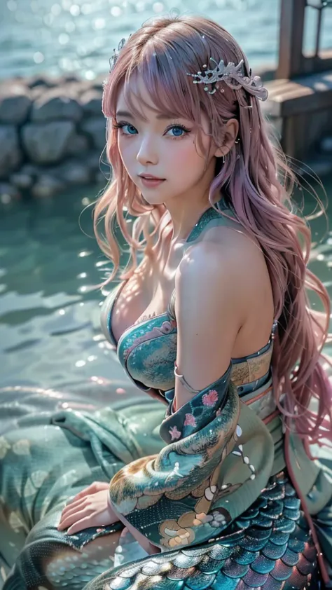 (super realistic photorealistic image:1.5), (cute and beautiful face, pink wavy hair, soft and light blue eyes that exude warmth...