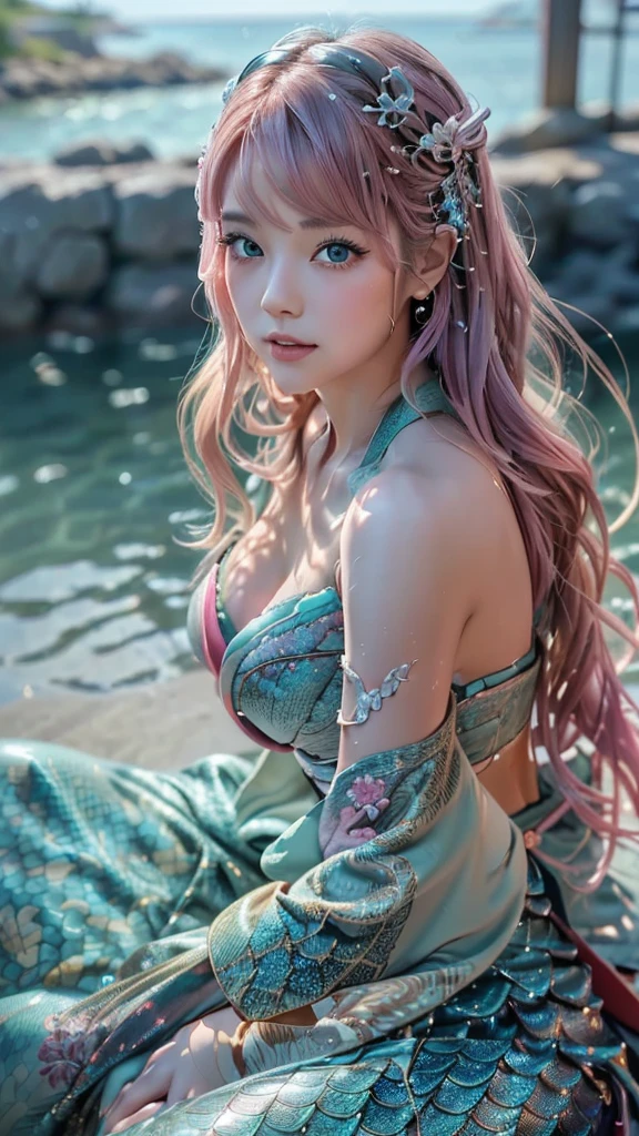 (super realistic photorealistic image:1.5), (cute and beautiful face, pink wavy hair, soft and light blue eyes that exude warmth and tenderness, tight body, covered with fish scales to emphasize her mermaid status, large and graceful fish tail in place of legs, which are also covered with scales and fused with cyberpunk electronics and tubes, elegantly dressed in a revealing kimono with traditional Japanese patterns:1.5) also covered with scales and fused with cyberpunk electronics and tubes, elegantly dressed in a revealing kimono with traditional Japanese patterns: 1.5), (she sits seductively on a rock by the sea: 1.5), and in the background, a distant neo Tokyo cityscape lit by neon lights, lighting, The colors and mood of the scene are powerful and cinematic, with the beautiful seaside scenery and the soft glow of the city lights creating a fantastic atmosphere, the design and details are ultra clear and detailed, emphasizing the mermaid-like appearance with prominent fish tail, shimmering skin scales and cyborg elements, the image is of the highest quality and ultra realistic Photographs of the highest quality