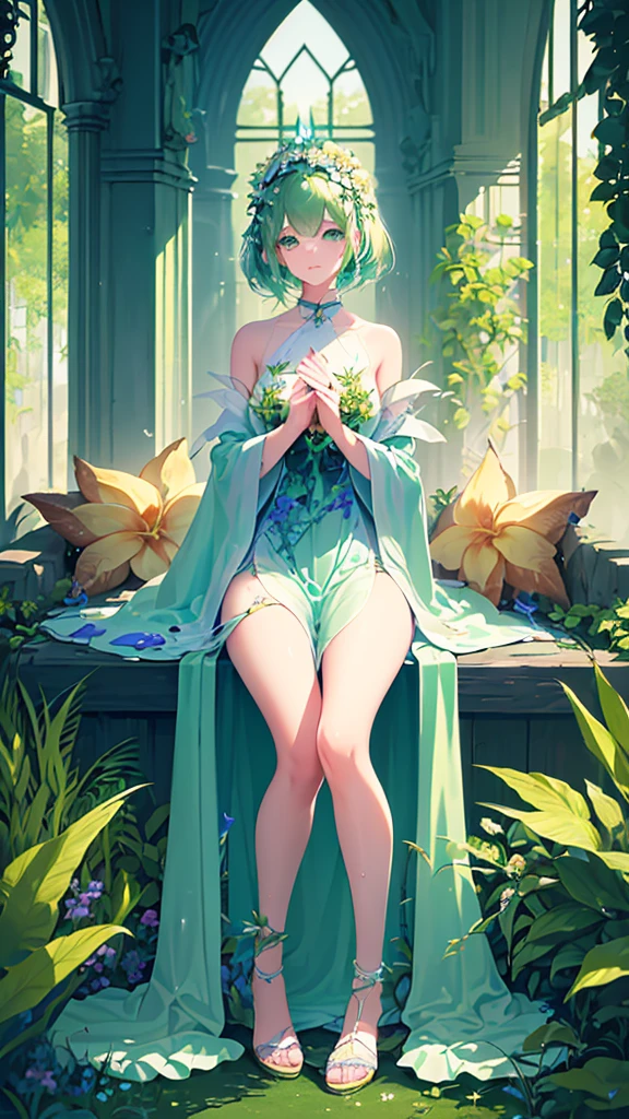 Name: Mika Bluebloom
Element: VERDANTHIA
Description: The Nurturing Spirit, guardian of Serenia Forest. A tranquil yet powerful AugmentumāOs who healing powers bring new life to wounded flora and fauna.
Prompt: ((((Botanical marvel, divine beauty, ultrahigh resolution)))), 1girl, sitting, ((short bob, lush green curls:1)), ((family jade green eyes)), medium build, verdant green complexion, ((((ultra detailed eyes:0.8, hydrated, vivvre shine, wet hydro eyes))), ((left waist his posed decently)), long shot, three-quarter view, indoor shine/natural green with gentle stream, C-cup, gentle smile, ((meticulously manicured, slender fingers)), ((full body shown: torso, hands, shins))), floor-lengthlogs, owned by nature, wearing a petal-embellished tunic and anthropomorphic flower headpiece