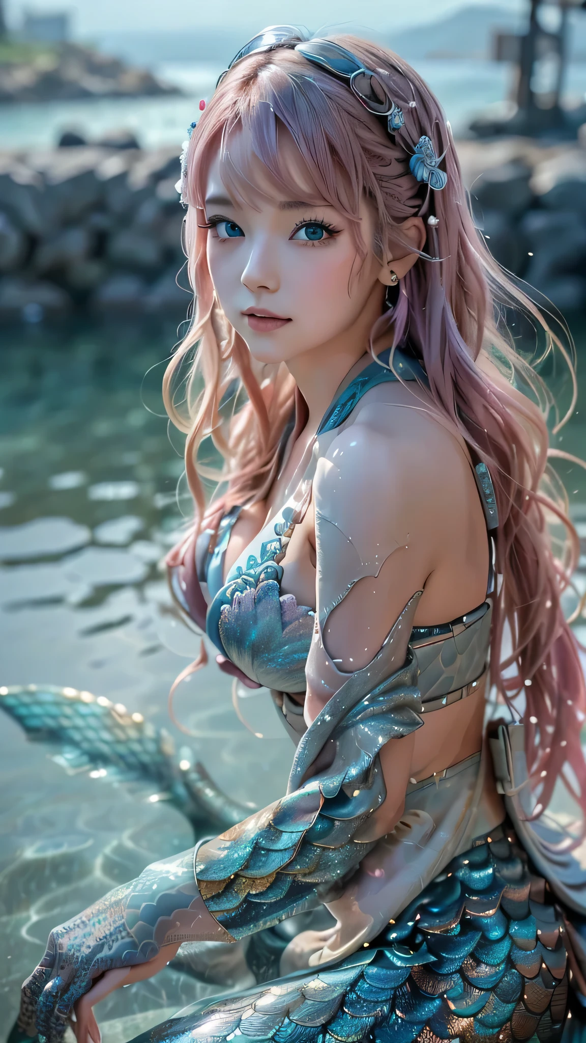 (super realistic photorealistic image:1.5), (cute and beautiful face, pink wavy hair, soft and light blue eyes that exude warmth and tenderness, tight body, covered with fish scales to emphasize her mermaid status, large and graceful fish tail in place of legs, which are also covered with scales and fused with cyberpunk electronics and tubes, elegantly dressed in a revealing kimono with traditional Japanese patterns:1.5) also covered with scales and fused with cyberpunk electronics and tubes, elegantly dressed in a revealing kimono with traditional Japanese patterns: 1.5), (she sits seductively on a rock by the sea: 1.5), and in the background, a distant neo Tokyo cityscape lit by neon lights, lighting, The colors and mood of the scene are powerful and cinematic, with the beautiful seaside scenery and the soft glow of the city lights creating a fantastic atmosphere, the design and details are ultra clear and detailed, emphasizing the mermaid-like appearance with prominent fish tail, shimmering skin scales and cyborg elements, the image is of the highest quality and ultra realistic Photographs of the highest quality