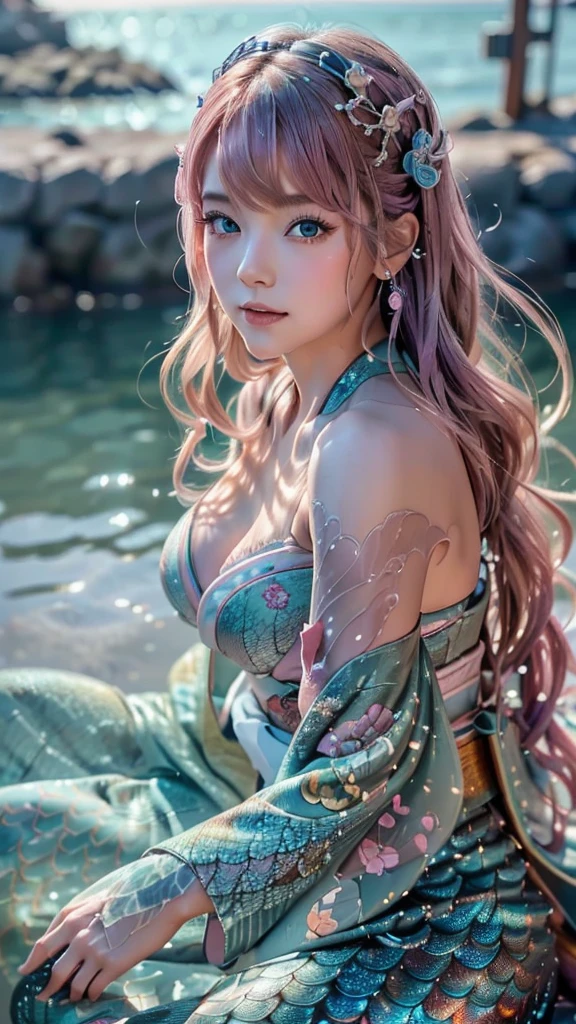 (super realistic photorealistic image:1.5), (cute and beautiful face, pink wavy hair, soft and light blue eyes that exude warmth and tenderness, tight body, covered with fish scales to emphasize her mermaid status, large and graceful fish tail in place of legs, which are also covered with scales and fused with cyberpunk electronics and tubes, elegantly dressed in a revealing kimono with traditional Japanese patterns:1.5) also covered with scales and fused with cyberpunk electronics and tubes, elegantly dressed in a revealing kimono with traditional Japanese patterns: 1.5), (she sits seductively on a rock by the sea: 1.5), and in the background, a distant neo Tokyo cityscape lit by neon lights, lighting, The colors and mood of the scene are powerful and cinematic, with the beautiful seaside scenery and the soft glow of the city lights creating a fantastic atmosphere, the design and details are ultra clear and detailed, emphasizing the mermaid-like appearance with prominent fish tail, shimmering skin scales and cyborg elements, the image is of the highest quality and ultra realistic Photographs of the highest quality