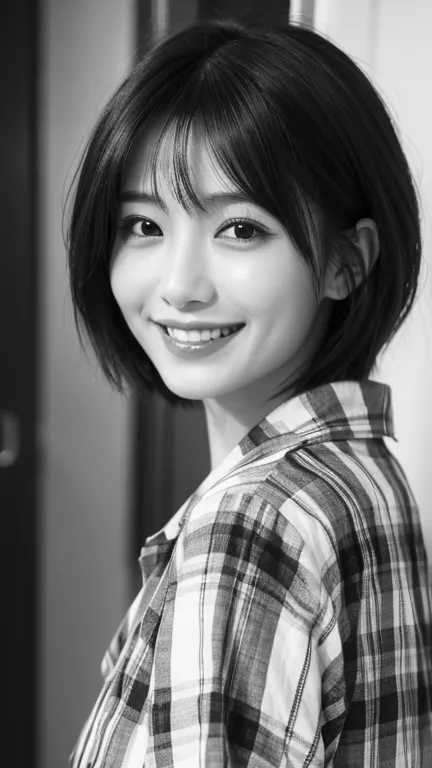 high resolution、Japanese women、Beauty、short hair、black and white checked shirt、Small face、A big smile