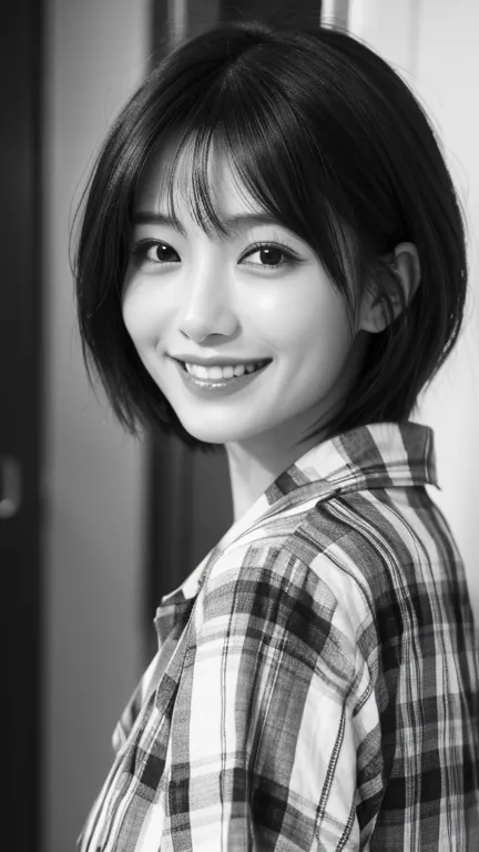 high resolution、japanese women、beauty、short hair、black and white checked shirt、small face、a big smile