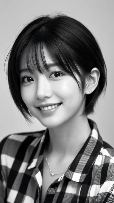 high resolution、Japanese women、Beauty、short hair、black and white checked shirt、Small face、A big smile