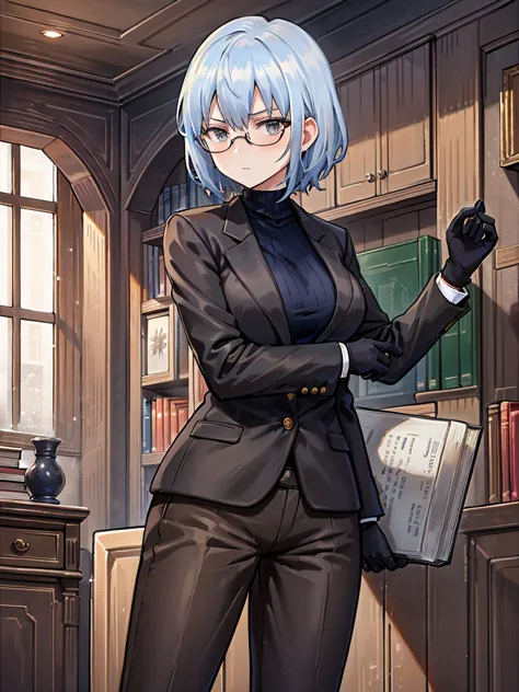 books lying around, cream hair, tall, square glasses, black turtleneck, a beige-color two-button blazer, dark navy-blue pants, a...