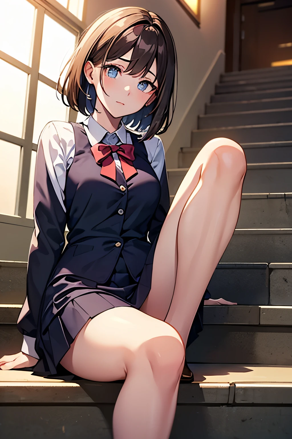 Beautiful high school girl, sitting on emergency stairs, from the front, looking at the viewer, brown short hair, anxious, detailed eyes, Kitano Blue: 0.5