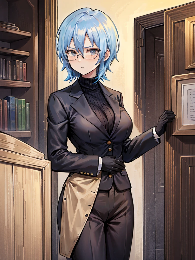 books lying around, cream hair, tall, square glasses, black turtleneck, a beige-color two-button blazer, dark navy-blue pants, and a pair black gloves, looking at viewer, slightly short hair, female, stern expression, slightly leaning on wall, hand on waist, colorful, mature