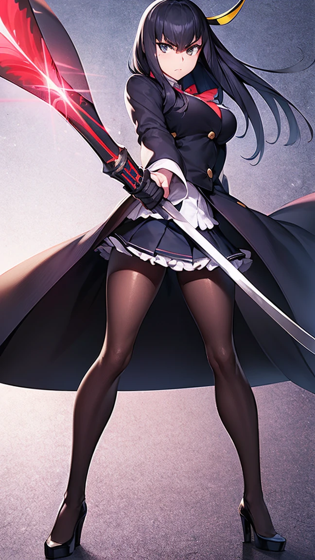 《Kill-la-Kill》Middle-aged Kiryuin Satsuki, Large Breasts, Full breasts, Curved breasts, Mesh, Holding a samurai sword, Height, Bottom View, best quality, Very detailed, ultra 8k resolution, Huge breasts, coat , Vest, Long skirt, portrait, whole body, Victoria&#39;s clothing, Long skirt, knight, Pants, Black Skin Set, Medieval city, plant, Vest, Polo Shirt, forest, Long skirt