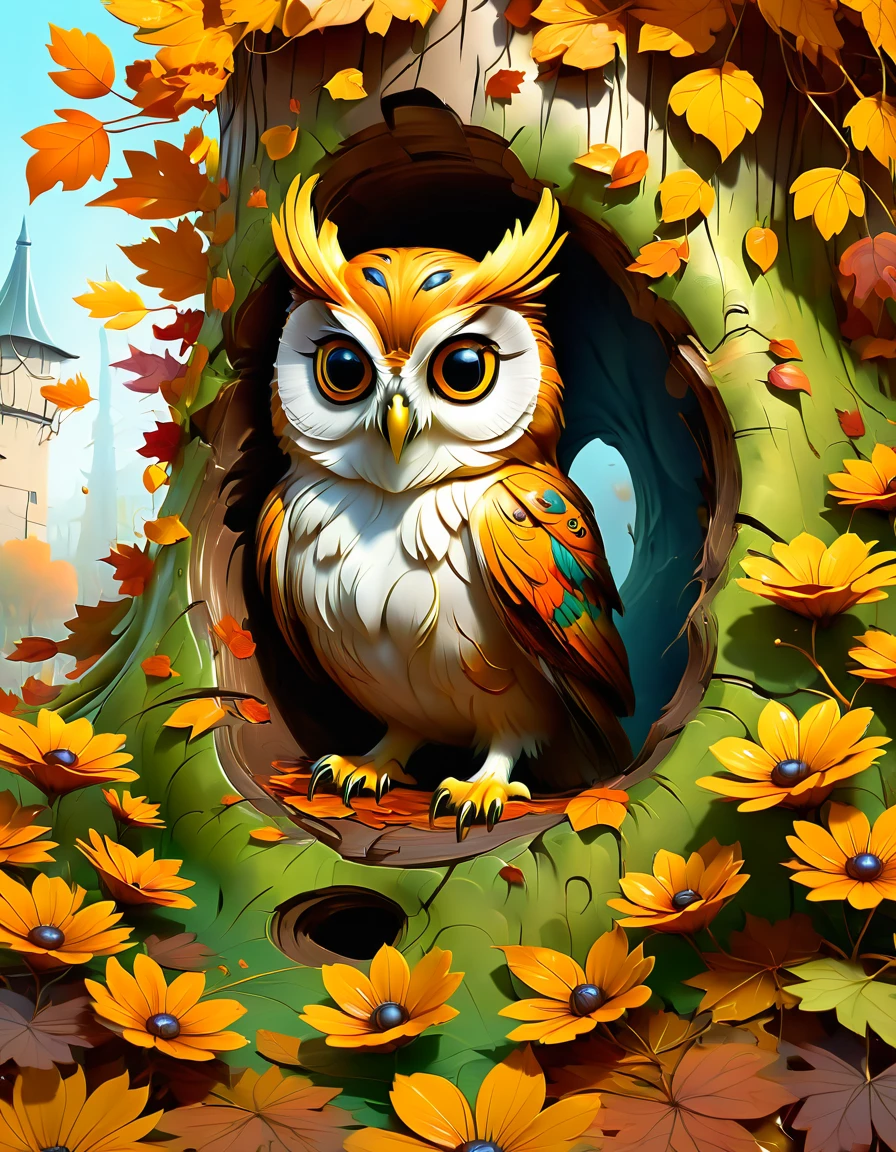 hibou à l'air affamé ombré style graffiti, sortant d'un trou d'arbre, fleurs aux couleurs automnales,3D   