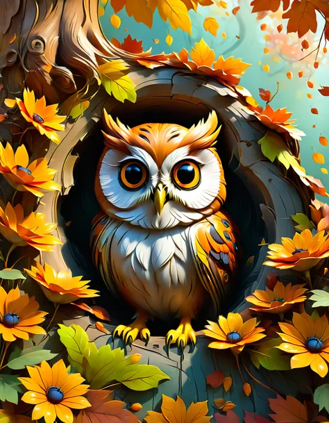 owl look hungry shaded graffiti style, coming out of a tree hole, autumn color flowers,3d