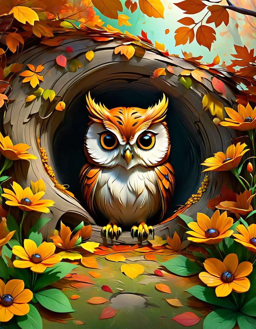 hibou à l'air affamé ombré style graffiti, sortant d'un trou d'arbre, fleurs aux couleurs automnales,3D   