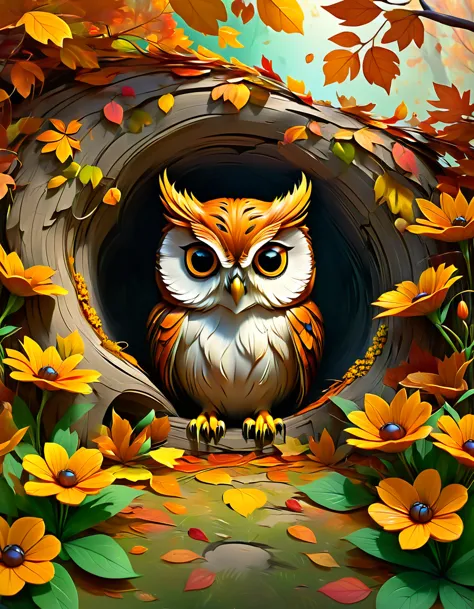 owl look hungry shaded graffiti style, coming out of a tree hole, autumn color flowers,3d   