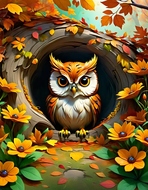 owl look hungry shaded graffiti style, coming out of a tree hole, autumn color flowers,3d