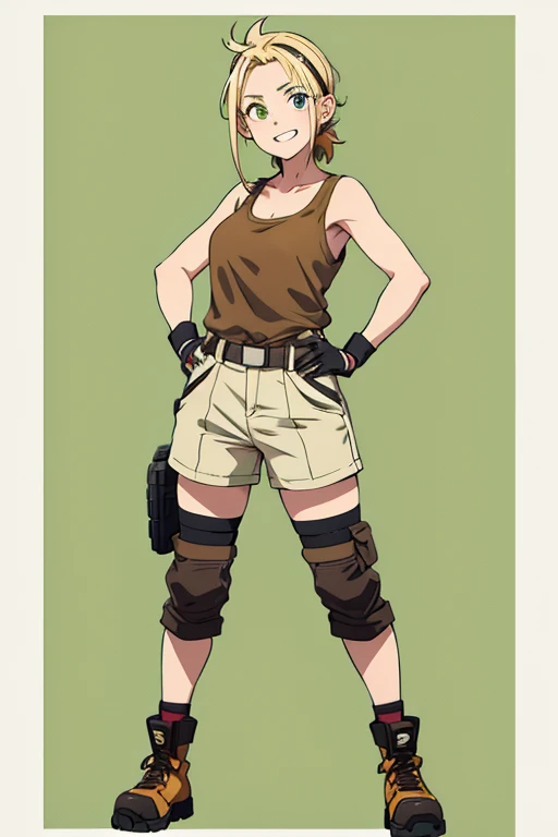 Anime Art、Full body portrait、A freckled female mechanic, about 38 years old, about 165 cm tall, wearing a white tank top and brown shorts, standing upright with her hands on her hips、Laughing with mouth open、The hairstyle is short、Blonde、wearing goggles、Green Eyes、gloves、Knee-high boots